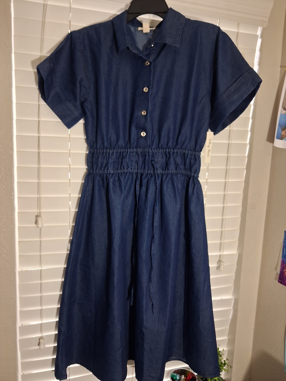 Girls' Dark Blue Button-Front Casual Shirtdress with Elastic Waist